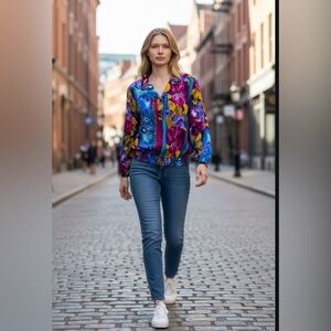 VTG Maygene multi color collared Half Button Smocked Hem Blouse size small